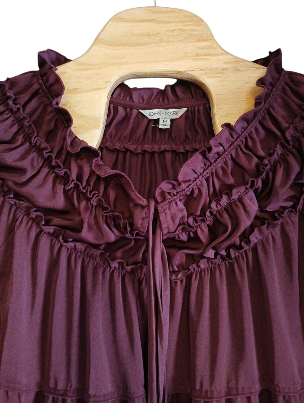 John Mark Peasant Tunic Plum Ruffled Tie-Neck Ruffled Flowy Blouse Medium
